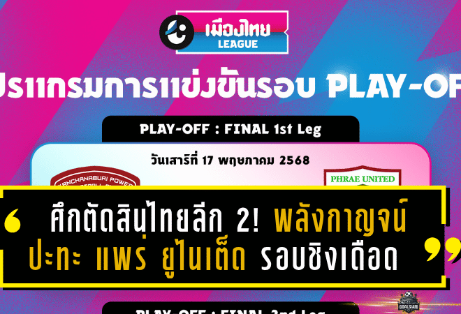 ศึกตัดสินไทยลีก 2! พลังกาญจน์ ปะทะ แพร่ ยูไนเต็ด รอบชิงเดือด 2024/25 พร้อมลิงก์ดูบอลสดครบทุกนัด
