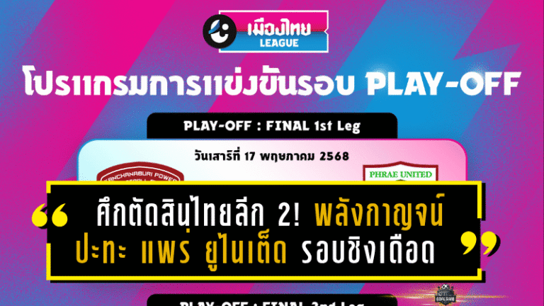 ศึกตัดสินไทยลีก 2! พลังกาญจน์ ปะทะ แพร่ ยูไนเต็ด รอบชิงเดือด 2024/25 พร้อมลิงก์ดูบอลสดครบทุกนัด