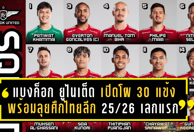 แบงค็อก ยูไนเต็ด เปิดโผ 30 แข้ง พร้อมลุยศึกไทยลีก 2025/26 เลกแรก จัดเต็มทุกตำแหน่ง