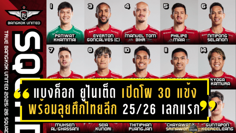 แบงค็อก ยูไนเต็ด เปิดโผ 30 แข้ง พร้อมลุยศึกไทยลีก 2025/26 เลกแรก จัดเต็มทุกตำแหน่ง