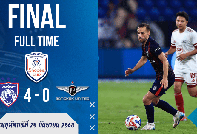 ผลบอลสด ACC : แบร์กสันแฮตทริก! JDT ยำใหญ่ “แข้งเทพ” แบงค็อก ยูไนเต็ด 4-0 จมบ๊วยถ้วยอาเซียน