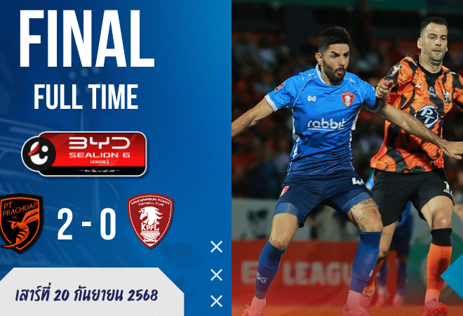 ผลบอลสด ไทยลีก : โคตรบ้าพลัง! พีที ประจวบ โชว์เหนือ เปิดรังทุบ พลังกาญจน์ ดับซ่า 2-0 ปลดล็อกชัยในบ้านสำเร็จ