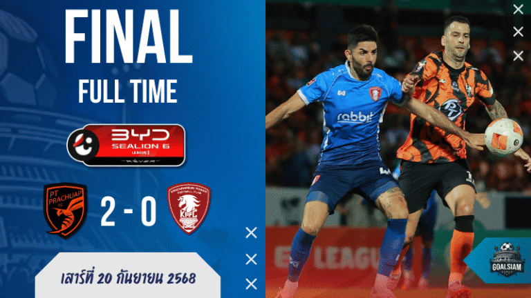 ผลบอลสด ไทยลีก : โคตรบ้าพลัง! พีที ประจวบ โชว์เหนือ เปิดรังทุบ พลังกาญจน์ ดับซ่า 2-0 ปลดล็อกชัยในบ้านสำเร็จ