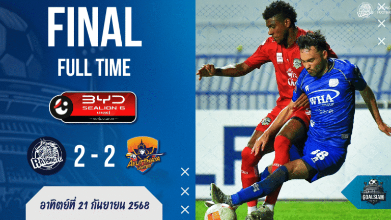 ดราม่าเดือด! ระยอง เอฟซี ฮึดไล่เจ๊า อยุธยา ยูไนเต็ด สุดมันส์ 2-2 เก็บแต้มสำคัญในศึก ผลบอลสด ไทยลีก