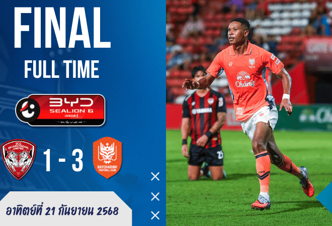 ผลบอลสด ไทยลีก : ราชบุรี บุกขยี้เมืองทอง 3-1 สะเทือนห่วงลุ้นแชมป์!