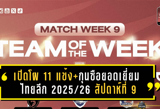เปิดโผ 11 แข้ง+กุนซือยอดเยี่ยม ไทยลีก 2025/26 สัปดาห์ที่ 9 “โค้ชเฮง” นำทัพ ชลบุรี ปลดล็อกชัย