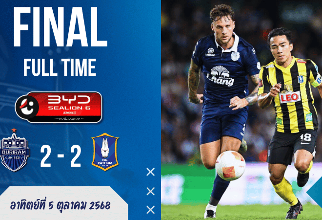 ผลบอลสด : ศึกใหญ่ไร้ผู้ชนะ! บีจี ปทุม บุกแชร์แต้ม บุรีรัมย์ สุดมันส์ 2-2 ศึกไทยลีก