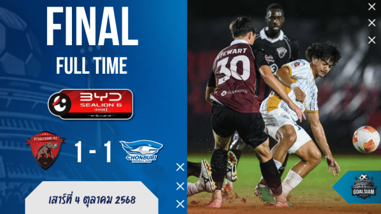 ศึกหนีตายเดือด! อุทัยธานี นำก่อนโดน ชลบุรี ไล่ตีท้ายเกม 1-1 แบ่งแต้มสุดระทึก | ผลบอลสด ไทยลีก BYD Sealion 6 League 1