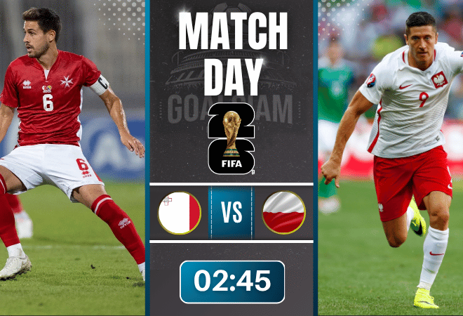 ดูบอลออนไลน์ ฟุตบอลโลก 2026 รอบคัดเลือก โซนยุโรป ถ่ายทอดสด มอลตา พบกับ โปแลนด์ 17/11/68