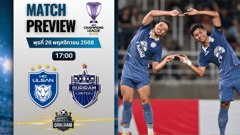 วิเคราะห์บอล เอเอฟซี แชมเปี้ยนส์ลีก อีลิท : วุลซาน ฮุนได พบกับ บุรีรัมย์ ยูไนเต็ด 26/11/68