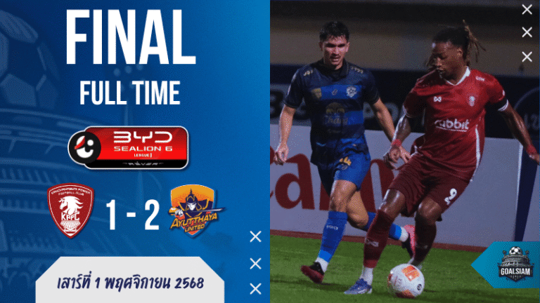 ผลบอลไทยลีก : กาญจนบุรี พาวเวอร์ พ่ายคารัง! อยุธยา ยูไนเต็ด แซงเฮ 2-1 คว้าชัยสุดระทึก