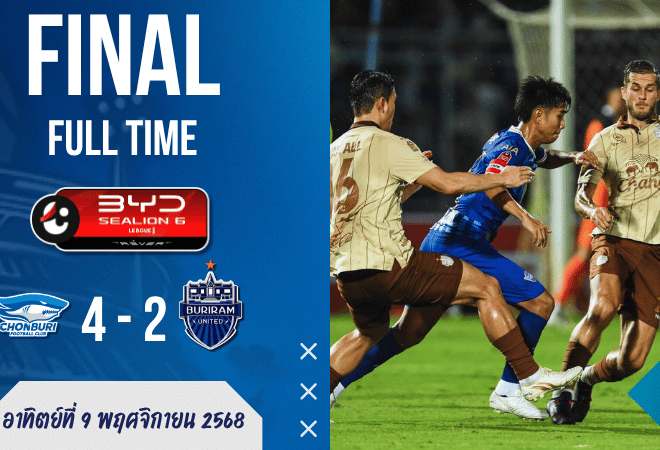 ผลบอลสด : ไทยลีก เดือด! ชลบุรี ยิงยับ บุรีรัมย์ เหลือ 10 ตัว พัง 4-2 สนั่นบ้าน!