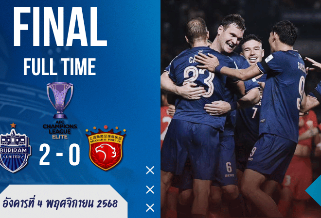 บุรีรัมย์ฟอร์มเดือด! อัดเซี่ยงไฮ้ พอร์ต 2-0 ขึ้นลุ้นเข้ารอบเอเชีย | ผลบอลสด GOALSIAM