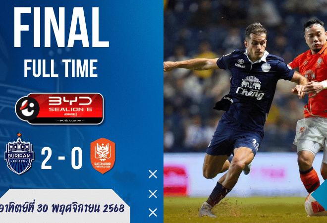 ผลบอลสด บุรีรัมย์คมกริบ! อัดราชบุรี 2-0 ย้ำบัลลังก์จ่าฝูง BYD SEALION 6