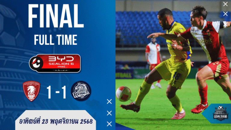 ศึกไทยลีกเดือด! พลังกาญจน์โดนระยองบุกทิ่มเจ๊าท้ายเกม 1-1 หลุดหนีโซนแดงไม่สำเร็จ | ผลบอลสด บ้านผลบอล