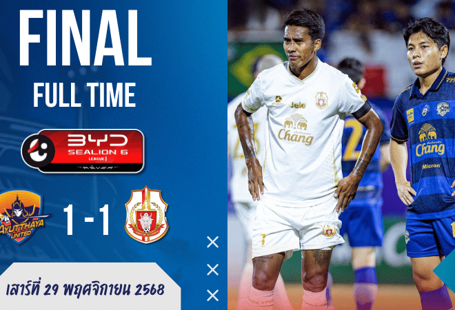 ผลบอลสด ไทยลีก อยุธยา ยูไนเต็ด เปิดบ้านแบ่งแต้ม ลำพูน วอริเออร์ 1-1 เกมเดือดท้ายเกมสะเทือนทั้งตาราง!