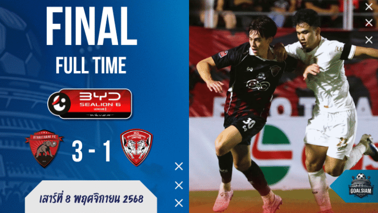 อุทัยธานีอัดเมืองทอง 3-1! สจ๊วร์ตโชว์โหด พาหมีแพนด้าทุบกิเลนคาบ้าน | ผลบอลสด ไทยลีก GOALSIAM