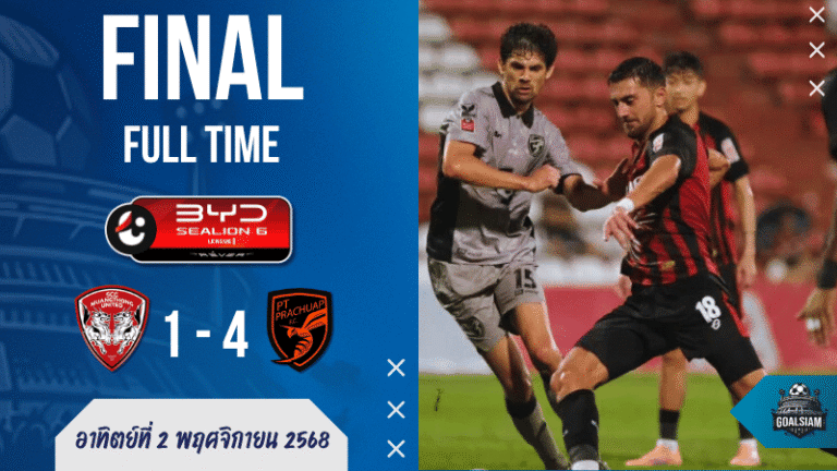 ไทยลีกระอุ! เมืองทองพังยับคาบ้าน โดน พีที ประจวบ บุกถล่ม 4-1 เกมเดือดมีใบแดงด้วย – ผลบอลสด จาก GOALSIAM