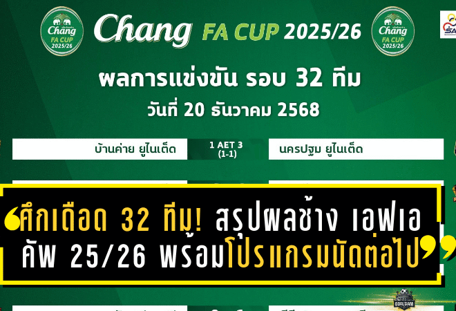 ศึกเดือดรอบ 32 ทีม! สรุปผลช้าง เอฟเอ คัพ 2025/26 พร้อมโปรแกรมนัดต่อไปคัดทีมลุ้นตั๋วเอเชีย