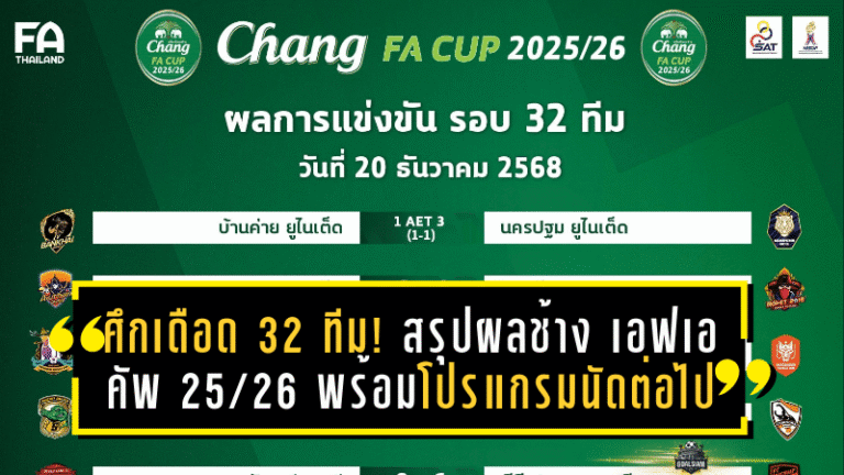 ศึกเดือดรอบ 32 ทีม! สรุปผลช้าง เอฟเอ คัพ 2025/26 พร้อมโปรแกรมนัดต่อไปคัดทีมลุ้นตั๋วเอเชีย