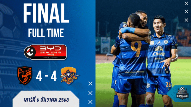 พีที ประจวบ เอฟซี 4-4 อยุธยา ยูไนเต็ด ดราม่าทดเจ็บระเบิดสามอ่าว แฟนเช็ก ผลบอลสด กันหอบ