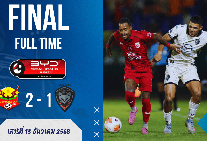 ผลบอลสด ไทยลีก : สุโขทัย ‘ค้างคาวไฟ’ ปล่อยของ! แซงเชือด ‘สวาดแคท’ 2-1 นครราชสีมา จมบ๊วยพ่าย 9 นัดติด!