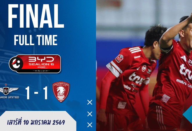 ผลบอลสด : แข้งเทพเจอเบรก! ทรู แบงค็อก บดทั้งเกมแต่ได้แค่ไล่เจ๊า พลังกาญจน์ 10 คน 1-1 ศึก BYD SEALION 6 ลีกหนึ่ง