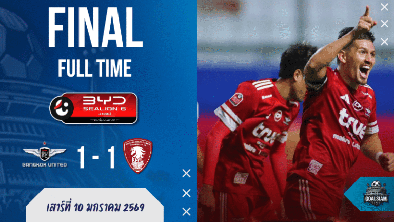 ผลบอลสด : แข้งเทพเจอเบรก! ทรู แบงค็อก บดทั้งเกมแต่ได้แค่ไล่เจ๊า พลังกาญจน์ 10 คน 1-1 ศึก BYD SEALION 6 ลีกหนึ่ง