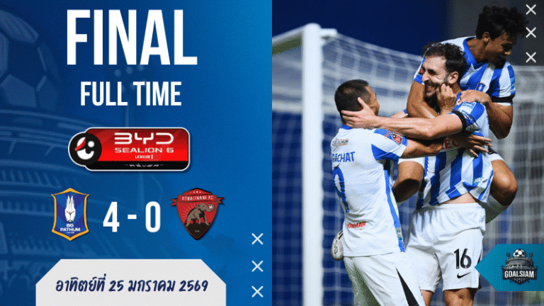 บีจี ปทุม ยิงไม่ยั้งอัดอุทัยธานี 4-0 โชว์ฟอร์มเดือดคาบ้าน เช็ก ผลบอลสด ศึก BYD SEALION 6 ลีกหนึ่ง