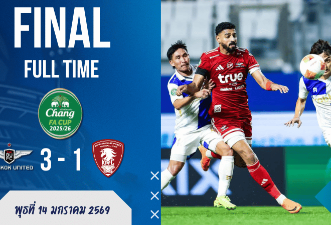 ผลบอลสด : ยิงไม่ซ้ำ! แข้งเทพเรียงหน้าอัดพลังกาญจน์ 3-1 ทะลุ 8 ทีมช้าง เอฟเอ คัพ