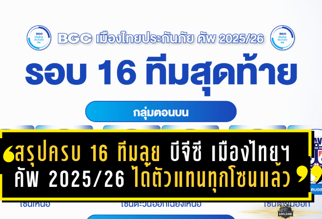 สรุปครบ 16 ทีมลุย “บีจีซี เมืองไทยประกันภัย คัพ 2025/26” ได้ตัวแทนทุกโซนแล้ว รอจับสลากเดือดรอบน็อคเอ้าท์