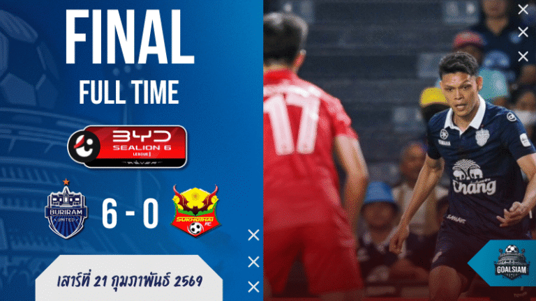 ผลบอลสด ไทยลีก : บุรีรัมย์ ยูไนเต็ด โหดเกินมนุษย์! กดสุโขทัย 6-0 บิสโซลีแฮตทริก จ่าฝูงยังแน่นเหมือนกาวตราช้าง