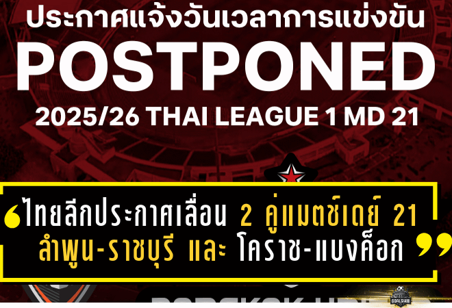 ไทยลีกไฟลุก! ประกาศเลื่อน 2 คู่แมตช์เดย์ 21 “ลำพูน-ราชบุรี” และ “โคราช-แบงค็อก” หลบศึกเอเชียแบบไม่มีทางเลือก