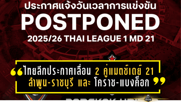 ไทยลีกไฟลุก! ประกาศเลื่อน 2 คู่แมตช์เดย์ 21 “ลำพูน-ราชบุรี” และ “โคราช-แบงค็อก” หลบศึกเอเชียแบบไม่มีทางเลือก