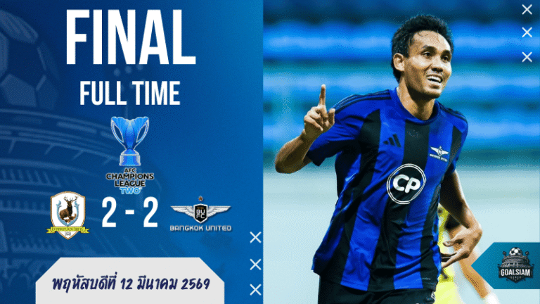 ผลบอลสด เอเอฟซี แชมเปี้ยนส์ ลีก ทู แบงค็อก ยูไนเต็ด เจ๊าเดือดแทมปิเนส 2-2 แต่สกอร์รวมยังพอพาเข้ารอบ