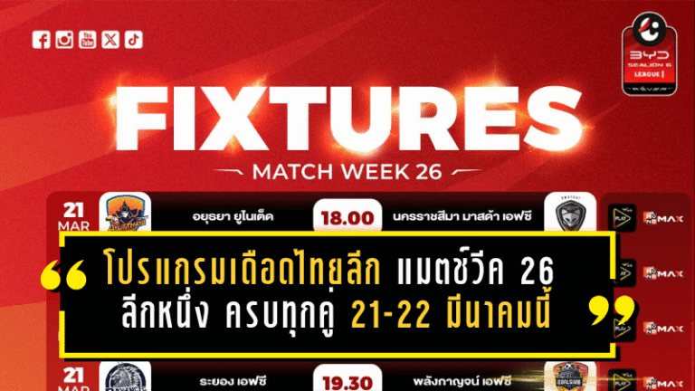 โปรแกรมเดือดไทยลีกแมตช์วีค 26 มาแล้ว! เช็กคิวฟาดแข้ง BYD ซีไลออน ลีกหนึ่ง 2025/26 ครบทุกคู่ 21-22 มีนาคมนี้