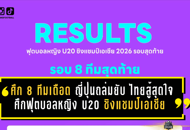 ศึก 8 ทีมเดือด! ญี่ปุ่นถล่มยับ จีน-เกาหลีเหนือแกร่ง ไทยสู้สุดใจแต่พ่ายเกาหลีใต้ ศึกฟุตบอลหญิง U20 ชิงแชมป์เอเชีย 2026
