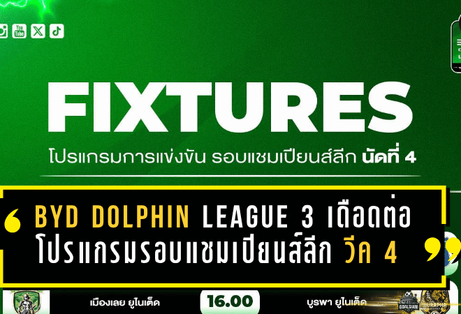 BYD DOLPHIN LEAGUE 3 เดือดต่อเนื่อง โปรแกรมรอบแชมเปียนส์ลีก แมตช์วีค 4 วันที่ 2-3 พฤษภาคม 2569