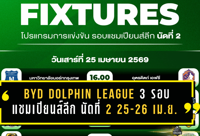 BYD DOLPHIN LEAGUE 3 เดือดต่อเนื่อง โปรแกรมรอบแชมเปียนส์ลีก นัดที่ 2 วันที่ 25-26 เมษายน 2569 ใครพลาดมีสิทธิ์เสียหายทันที