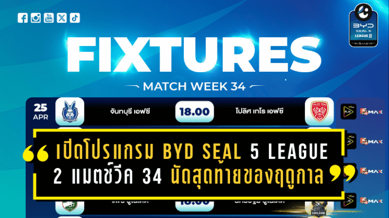 ปิดฉากเดือดลีกพระรอง! เปิดโปรแกรม BYD SEAL 5 LEAGUE 2 แมตช์วีค 34 นัดสุดท้ายของฤดูกาล 2025/26