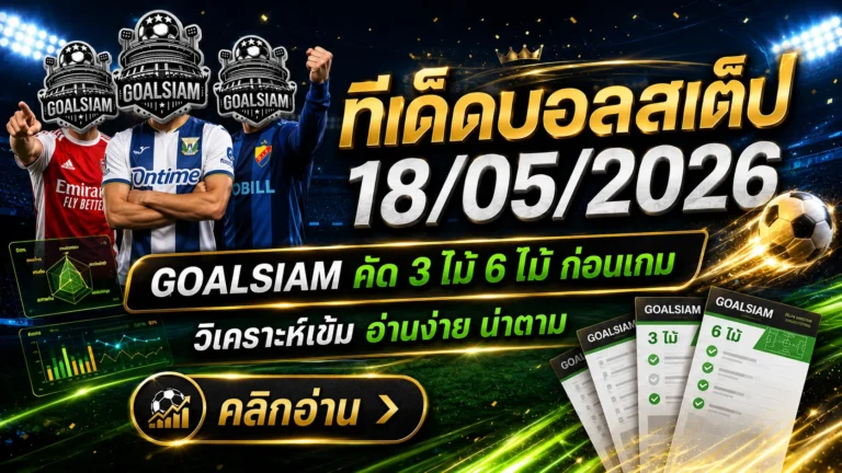 ทีเด็ดบอลสเต็ป 18 พฤษภาคม 2569 ใครจะตาม GOALSIAM ต้องอ่านก่อน บอลชุดคืนนี้มีเหลี่ยมให้จับ ไม่ใช่หลับตาจิ้มแล้วหวังปาฏิหาริย์