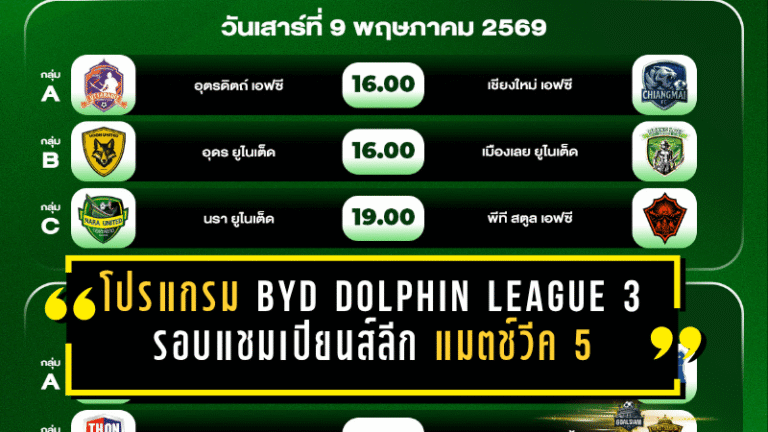 โปรแกรมเดือด BYD DOLPHIN LEAGUE 3 รอบแชมเปียนส์ลีก แมตช์วีค 5 ลุยเต็มสูบ 9-10 พฤษภาคม 2569