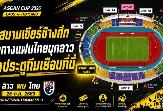 เปิดศึกแดนลาว! ช้างศึกบุกอาเซียน คัพ 2026 เปิดขายบัตรทีมเยือน 2,000 ที่นั่ง