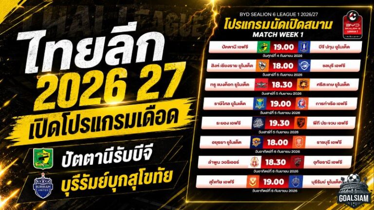 เปิดโปรแกรมไทยลีก 2026/27 เดือดทันที ปัตตานีชนบีจี บุรีรัมย์บุกสุโขทัย แชมป์เก่าเจองานหนัก