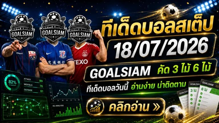 ทีเด็ดบอลสเต็ป 18 กรกฎาคม 2569 เปิดโพยวิเคราะห์ก่อนเกม ชุด 3 เน้นคม ชุด 6 เน้นครบ ติดตาม GOALSIAM ก่อนบอลเตะ