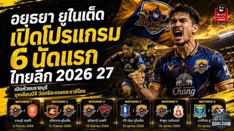 เปิดด่านหินอยุธยา ยูไนเต็ด! 6 นัดแรกไทยลีก 2026/27 ชนราชบุรี-บีจี ก่อนวัดสองน้องใหม่แดนอีสาน