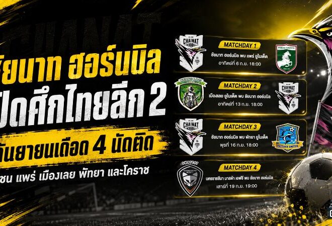 ชัยนาท ฮอร์นบิล เปิดศึกไทยลีก 2 กันยายนเดือด 4 นัดติด ดวลแพร่-เมืองเลย-พัทยา-โคราช