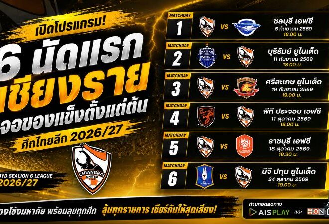เชียงรายเจอของแข็งตั้งแต่ต้น! เปิดโปรแกรม 6 นัดแรกไทยลีก 2026/27 ชนบุรีเปิดหัว ก่อนดวลบุรีรัมย์-บีจี