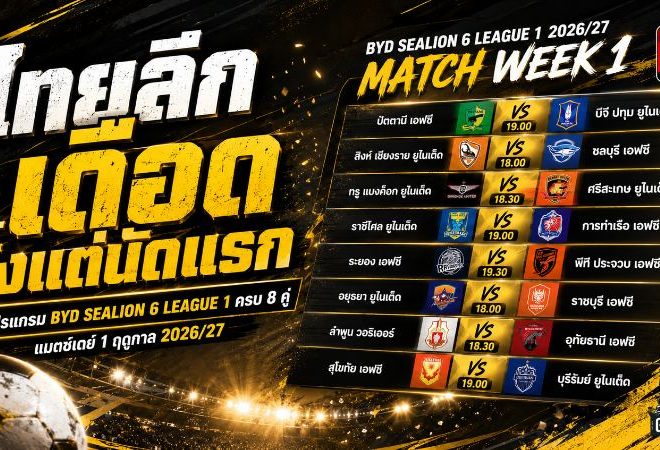 ไทยลีกเดือดตั้งแต่นัดแรก เปิดโปรแกรม BYD SEALION 6 LEAGUE 1 ฤดูกาล 2026/27 ครบ 8 คู่