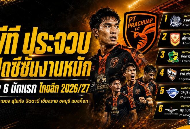 พีที ประจวบเจองานหนักตั้งแต่เปิดซีซั่น! เช็ก 6 นัดแรกไทยลีก 2026/27 ดวลทั้งชลบุรี-แบงค็อก